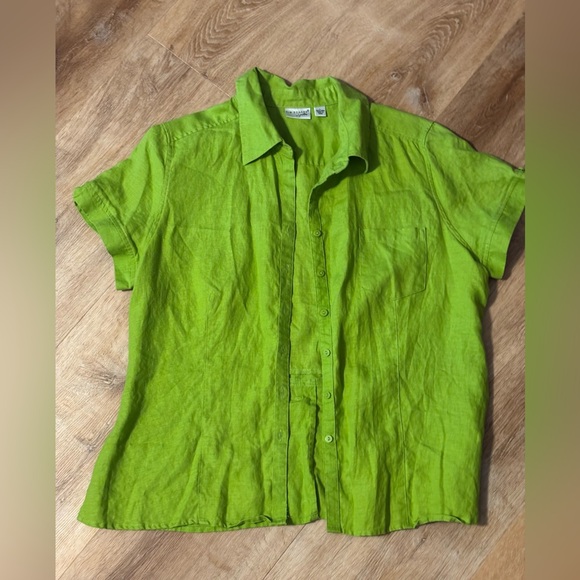 Kim Rogers Linen Button Front Roll Tab Sleeve Lime Green Shirt Womens Size XL - Picture 1 of 7